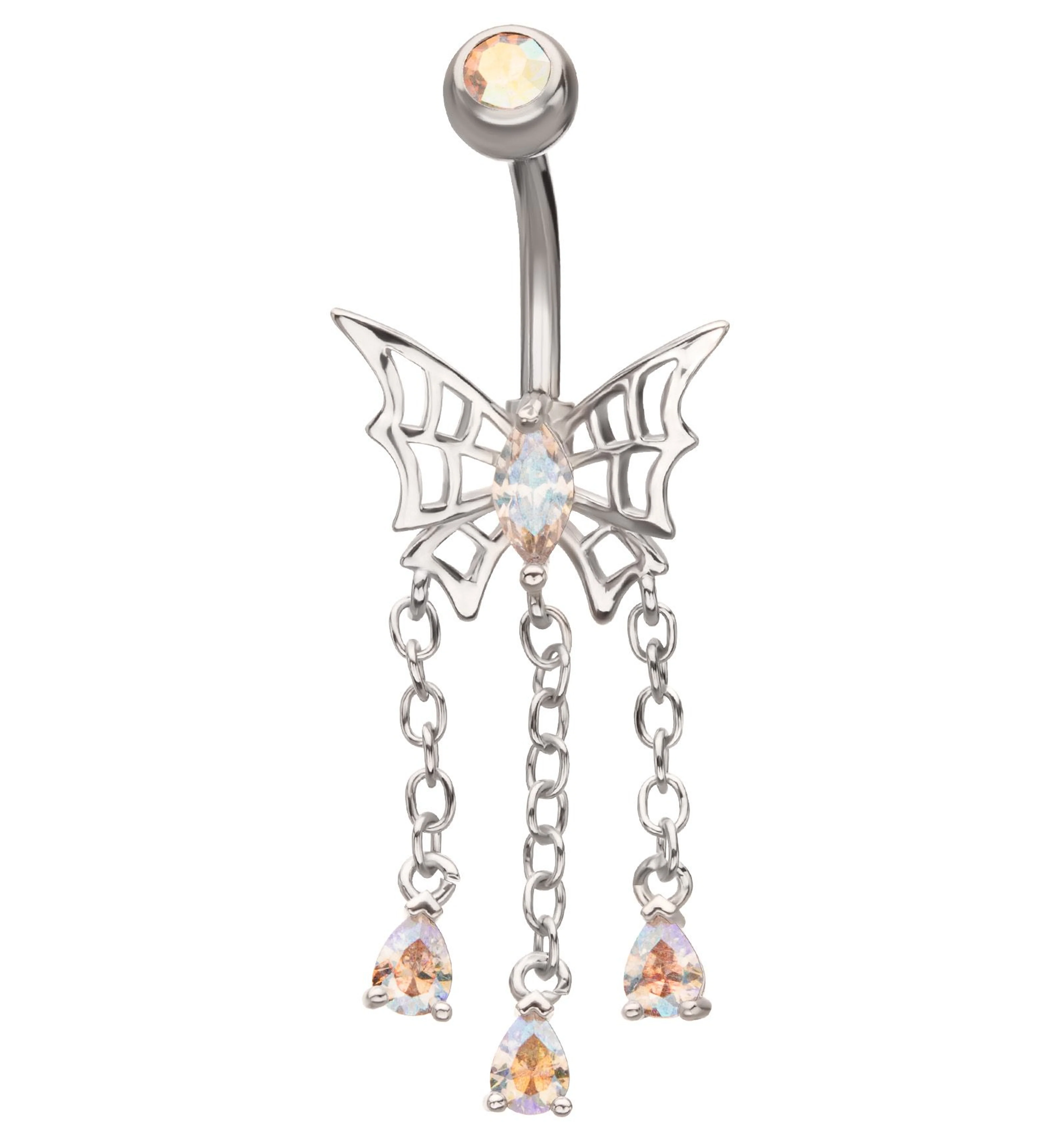 Spiderweb Butterfly Teardrop Rainbow Aurora CZ Dangle Stainless Steel Belly Button Ring - Mrs Treak