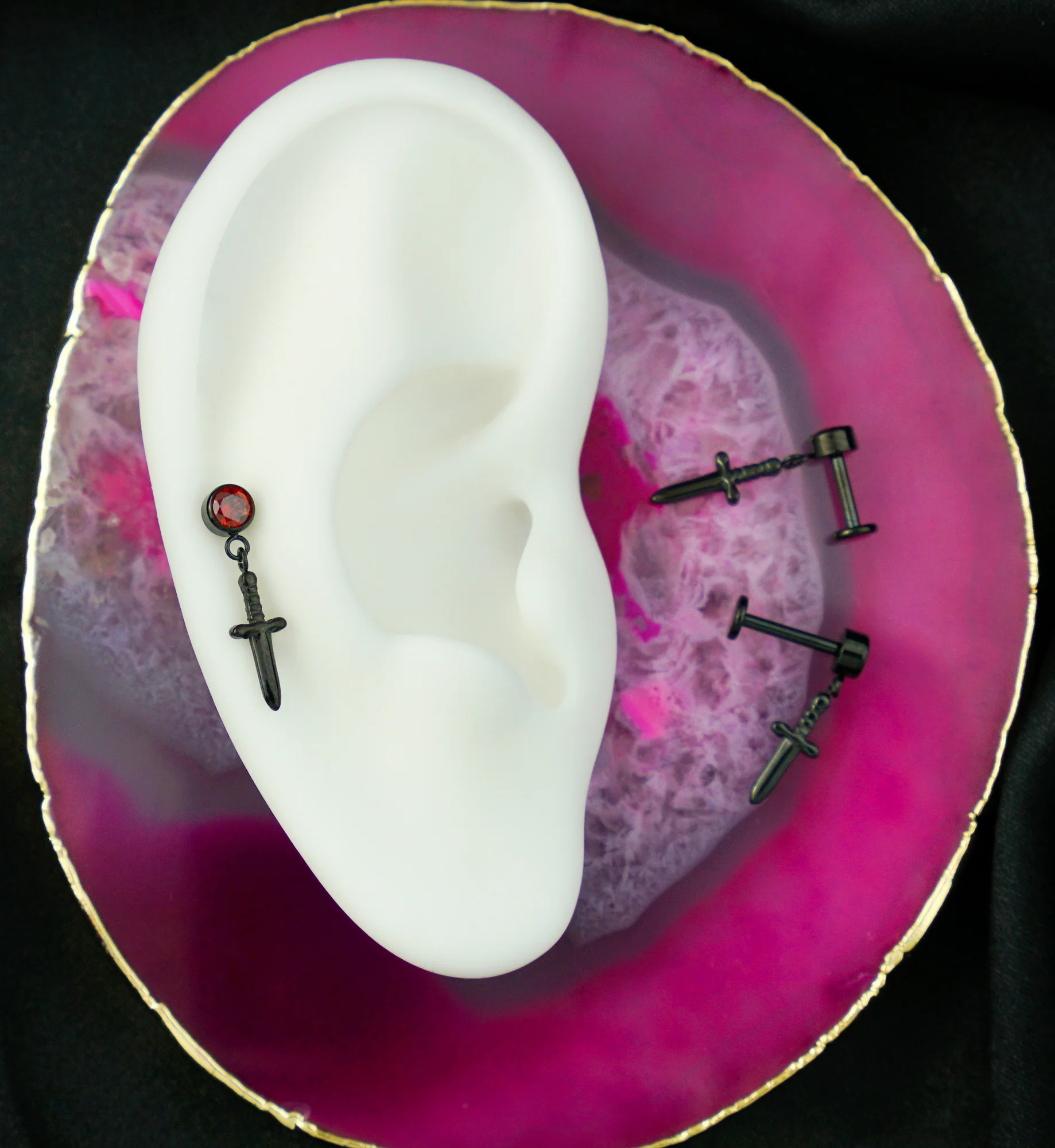 Black PVD Twisted Handle Dagger Dangle Internally Threaded Titanium Labret - Mrs Treak