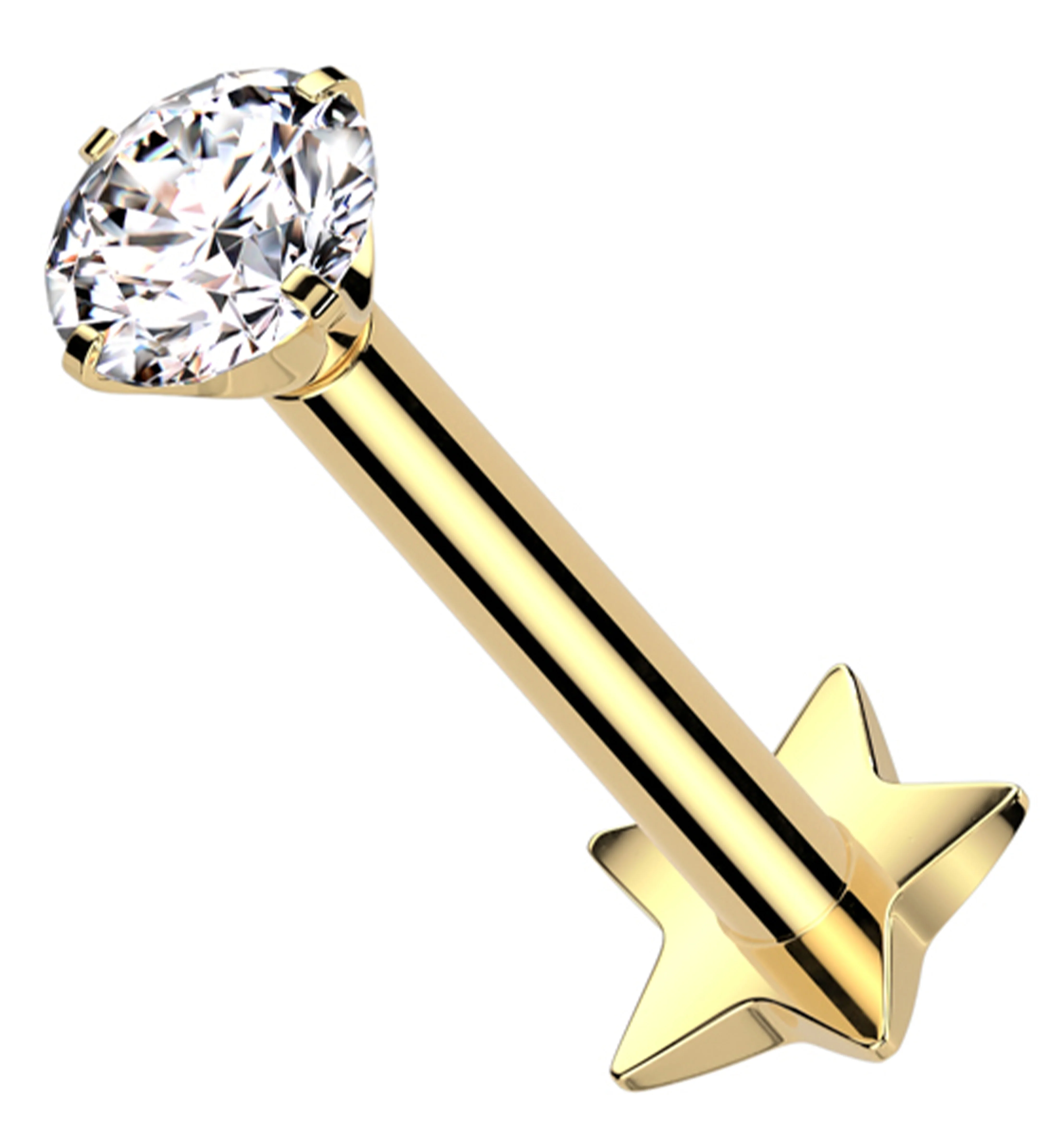 Gold PVD Prong Clear CZ Star Disk Titanium Threadless Labret - Mrs Treak