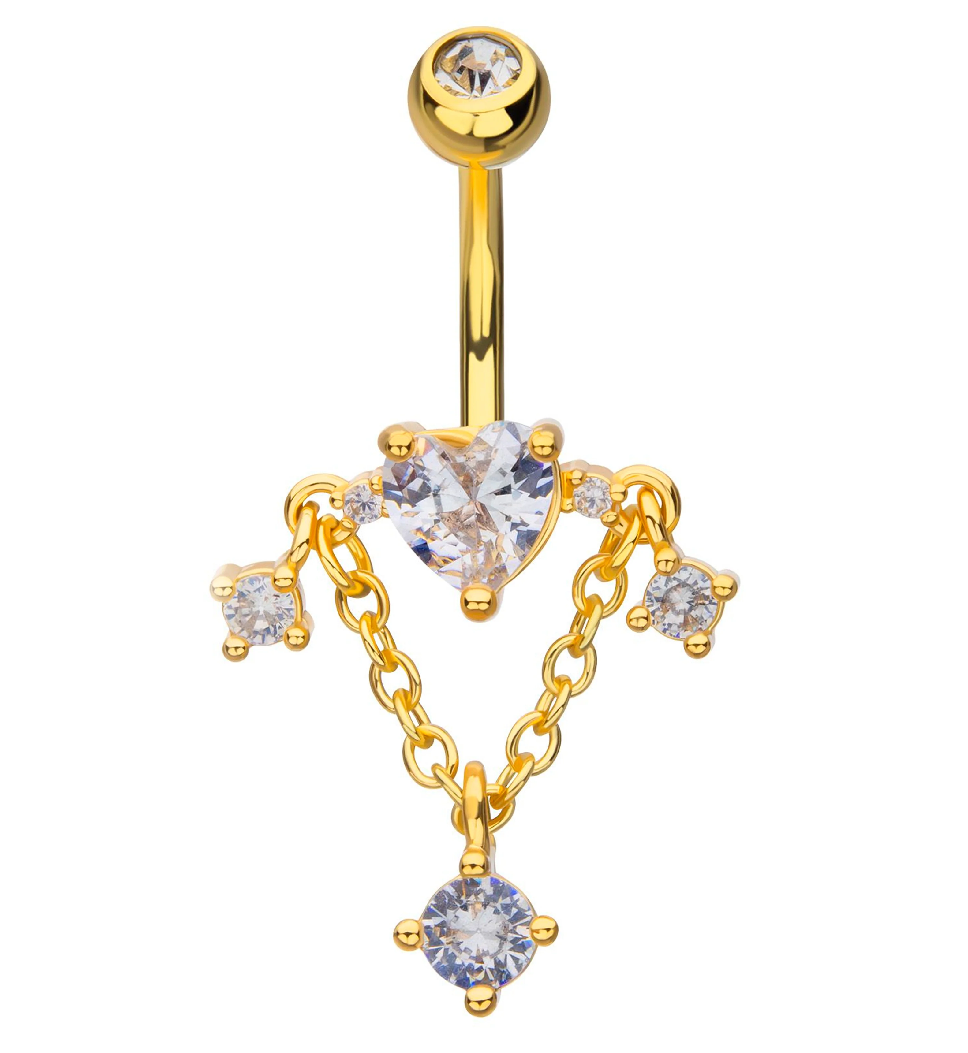 Gold PVD Heart Triple Clear CZ Dangle Chain Stainless Steel Belly Button Ring - Mrs Treak