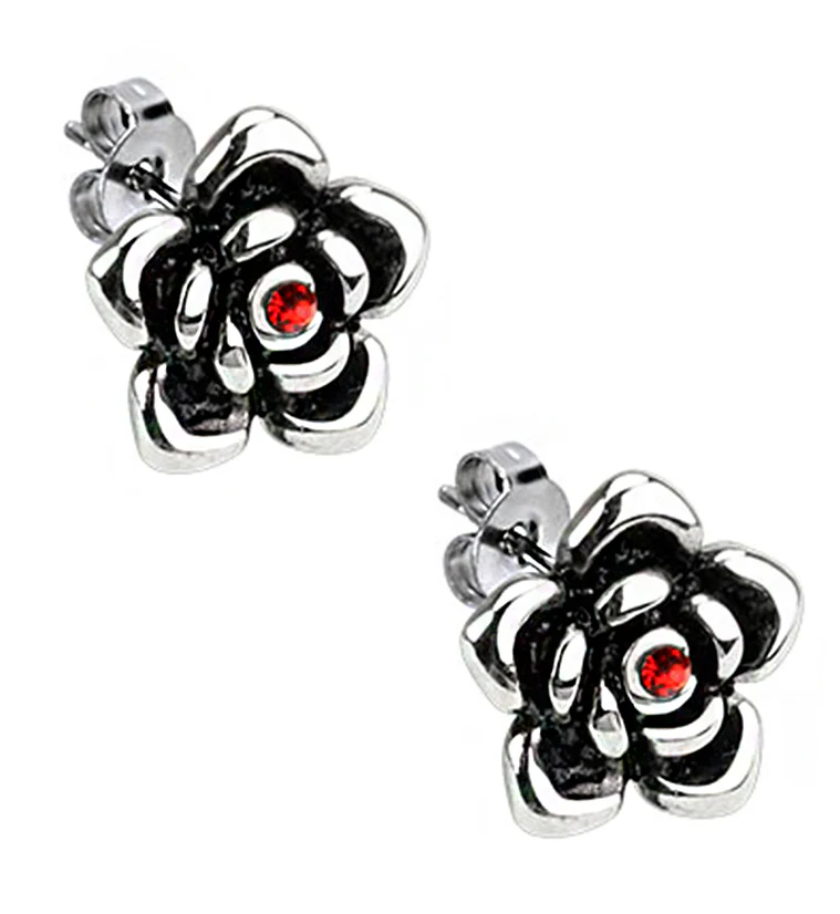 Rose Blossom Red CZ Stainless Steel Stud Earrings - Mrs Treak