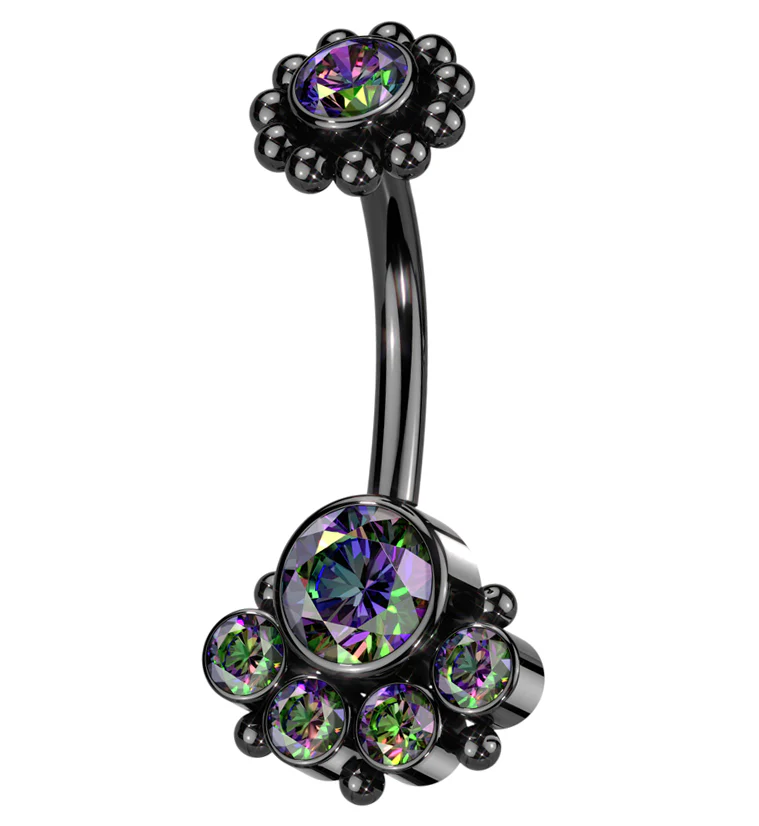 Black PVD Quinary Black Aurora CZ Beaded Top Internally Threaded Stainless Steel Belly Button Ring - Mrs Treak