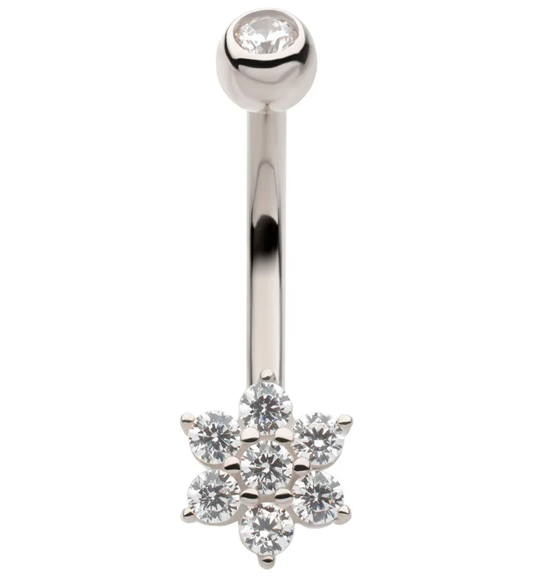 14kt White Gold Flower Clear CZ Belly Button Ring - Mrs Treak