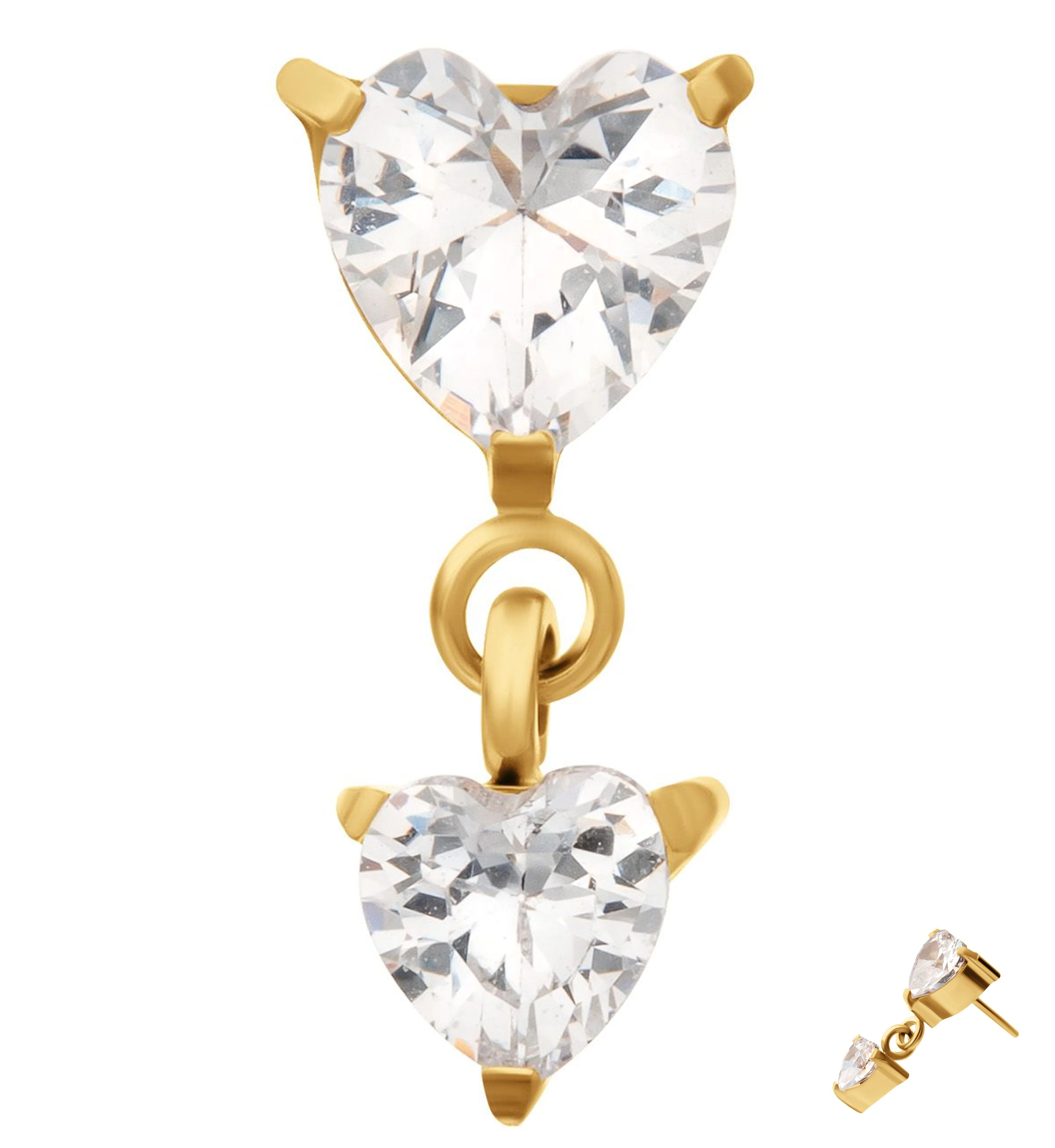 24kt Gold PVD Double Heart Clear CZ Dangle Titanium Threadless Top - Mrs Treak