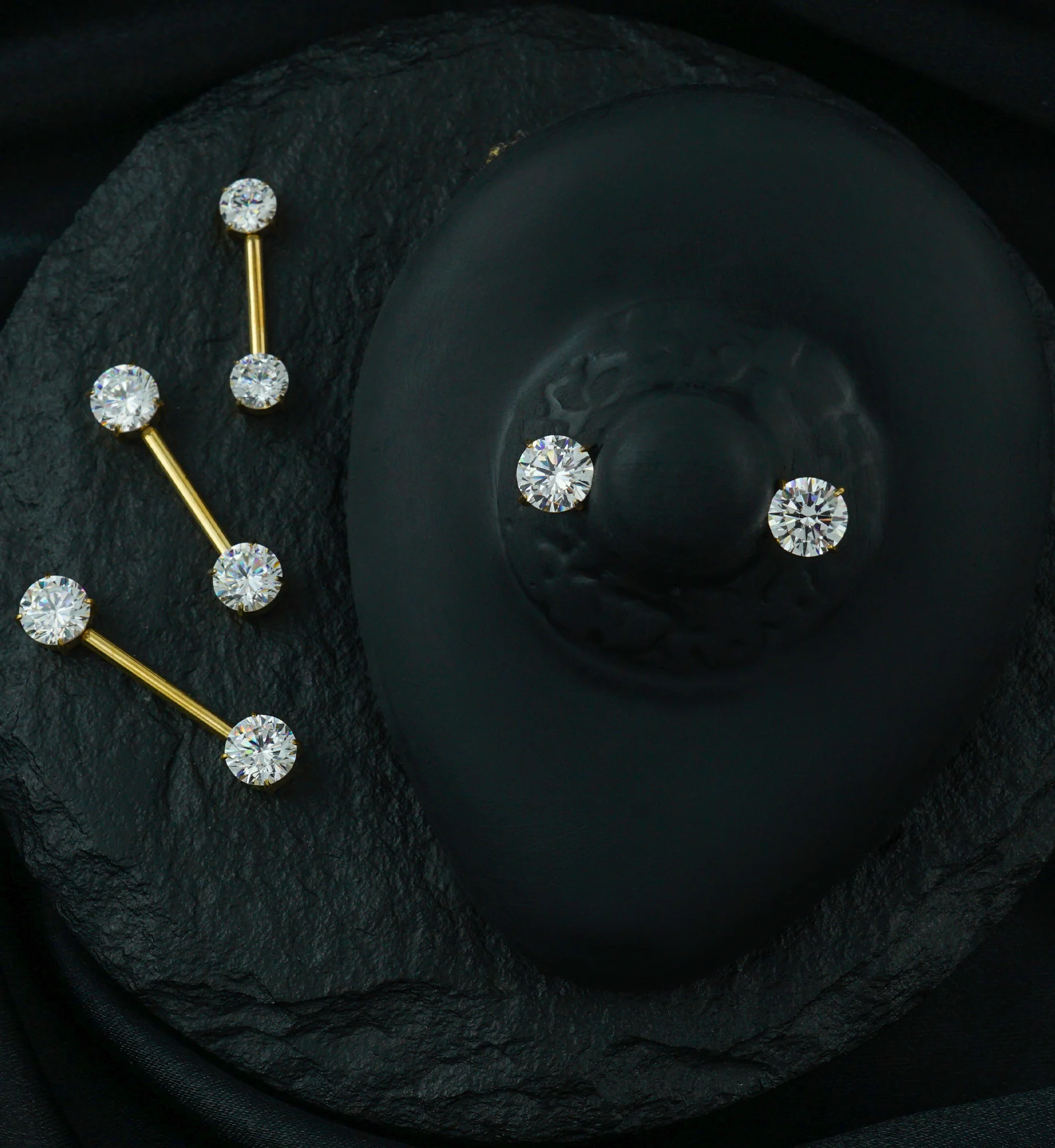 Gold PVD Prong Double Clear CZ Internally Threaded Titanium Nipple Barbell - Mrs Treak