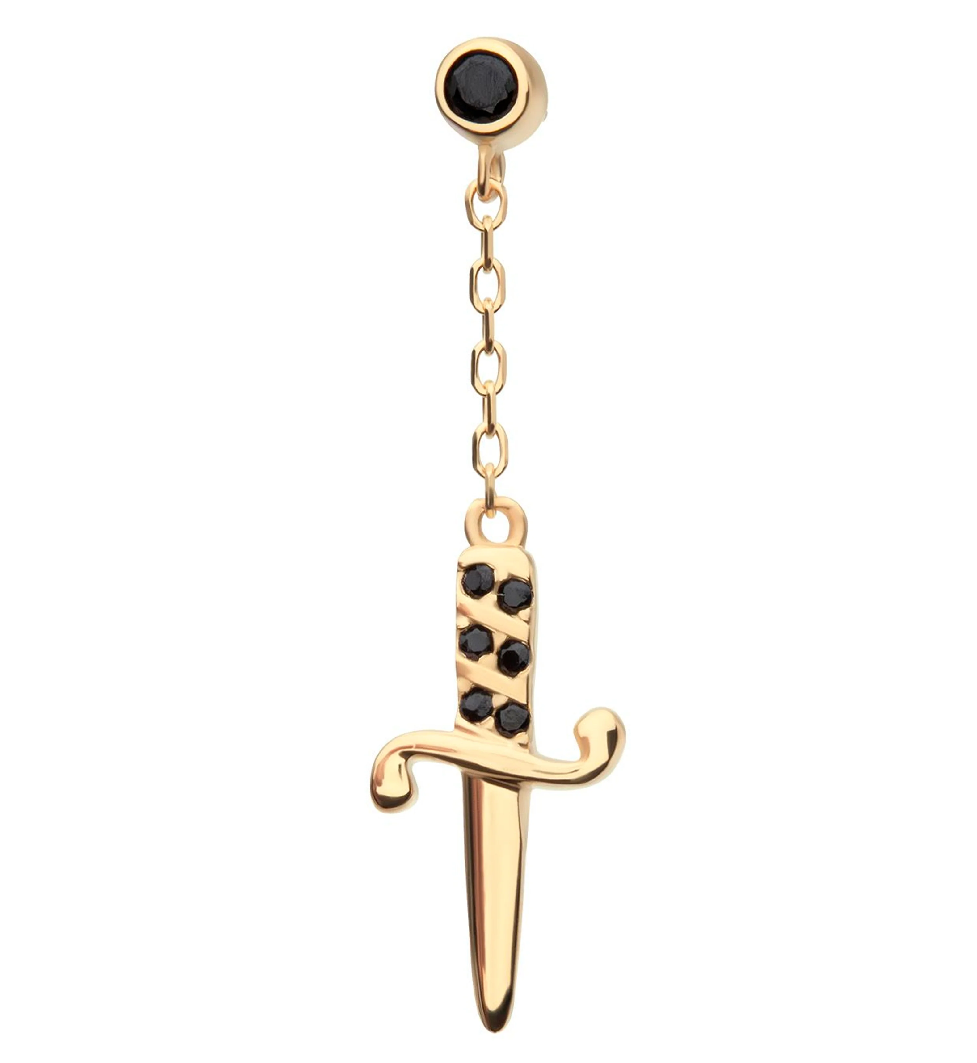 14kt Gold Dagger Dangle Black CZ Threadless Top - Mrs Treak