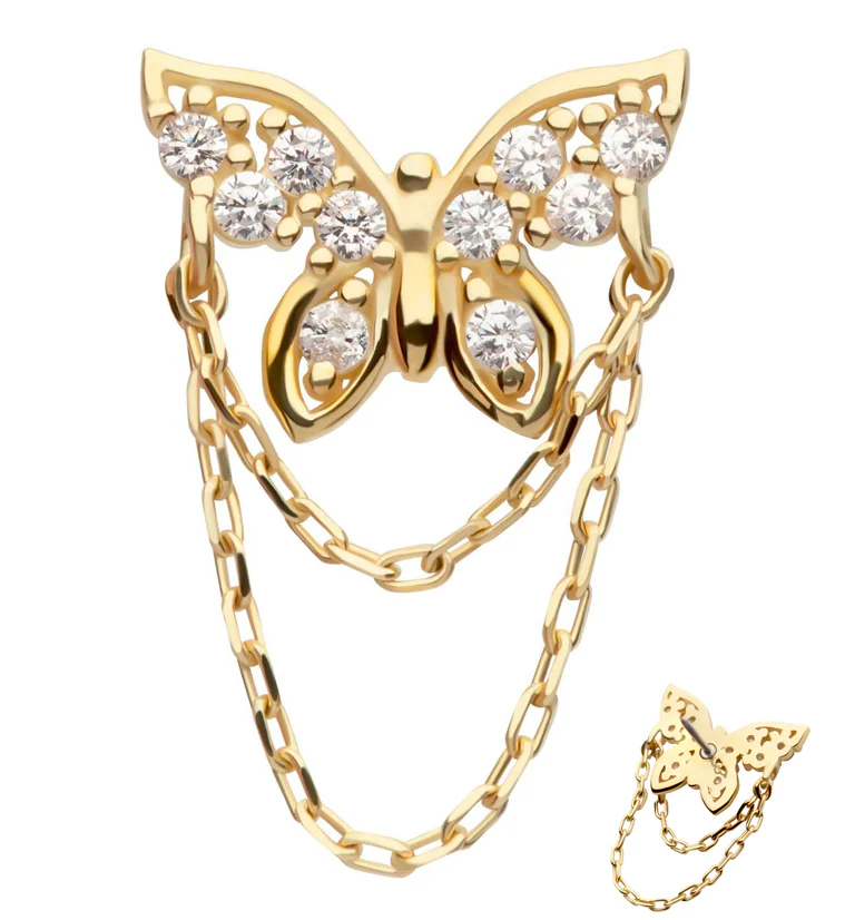 14kt Gold Butterfly Clear CZ Dangle Chain Threadless Top - Mrs Treak