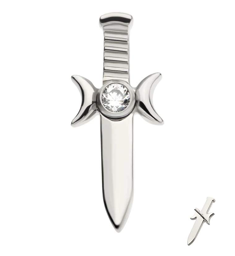 Sword And Moon Phase Clear CZ Threadless Titanium Top - Mrs Treak