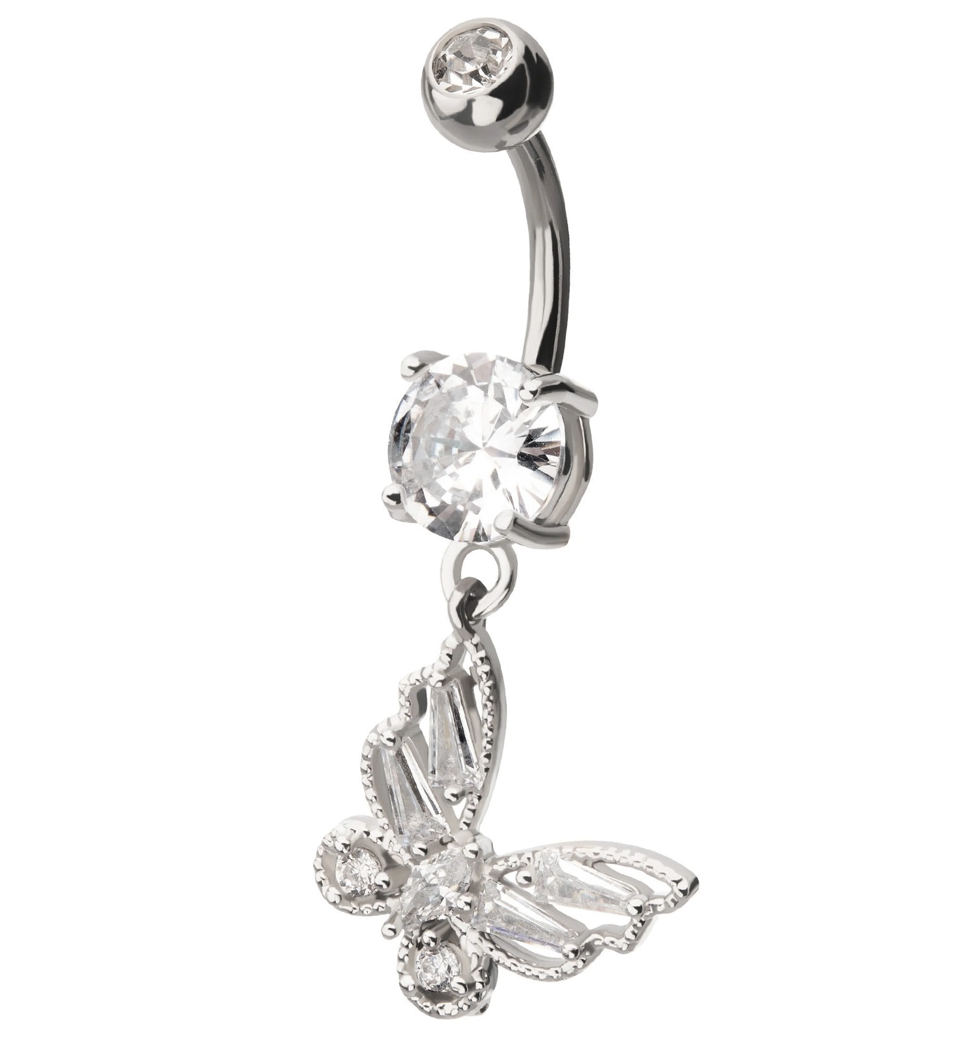 Beaded Butterfly Clear CZ Stainless Steel Belly Button Ring - Mrs Treak