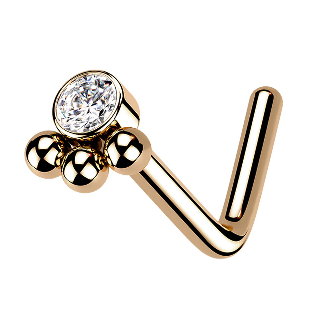 Rose Gold PVD Triple Beaded Clear CZ L Bend Nose Stud - Mrs Treak