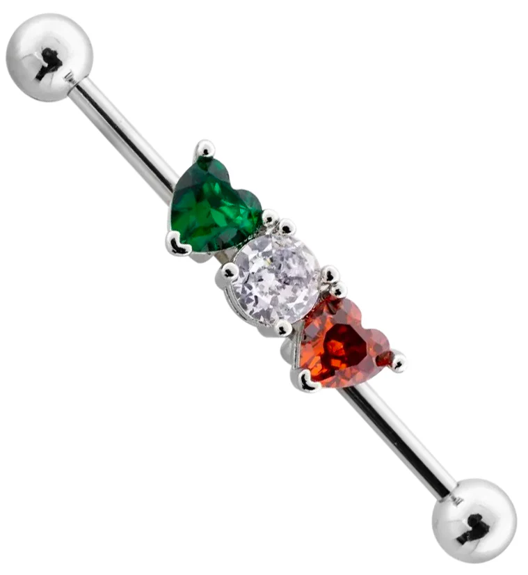 Red And Green Heart CZ Stainless Steel Industrial Barbell - Mrs Treak