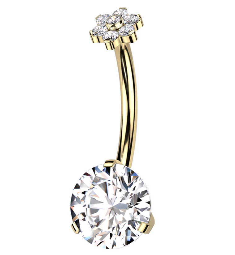 Gold PVD Double CZ Flower Top Titanium Threadless Belly Button Ring - Mrs Treak