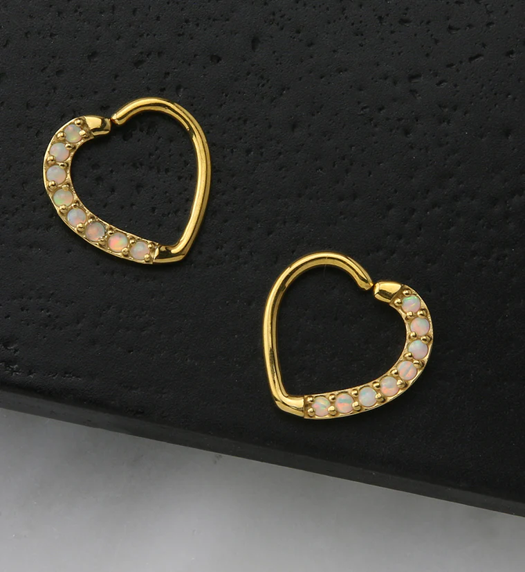 16G Gold PVD Pink Opalite Annealed Heart Daith - Cartilage Ring - Mrs Treak