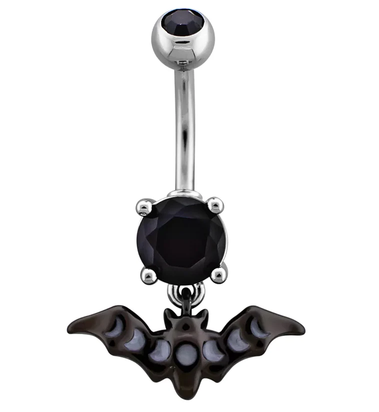 Black PVD Moon Phase Bat Dangle Stainless Steel Belly Button Ring - Mrs Treak