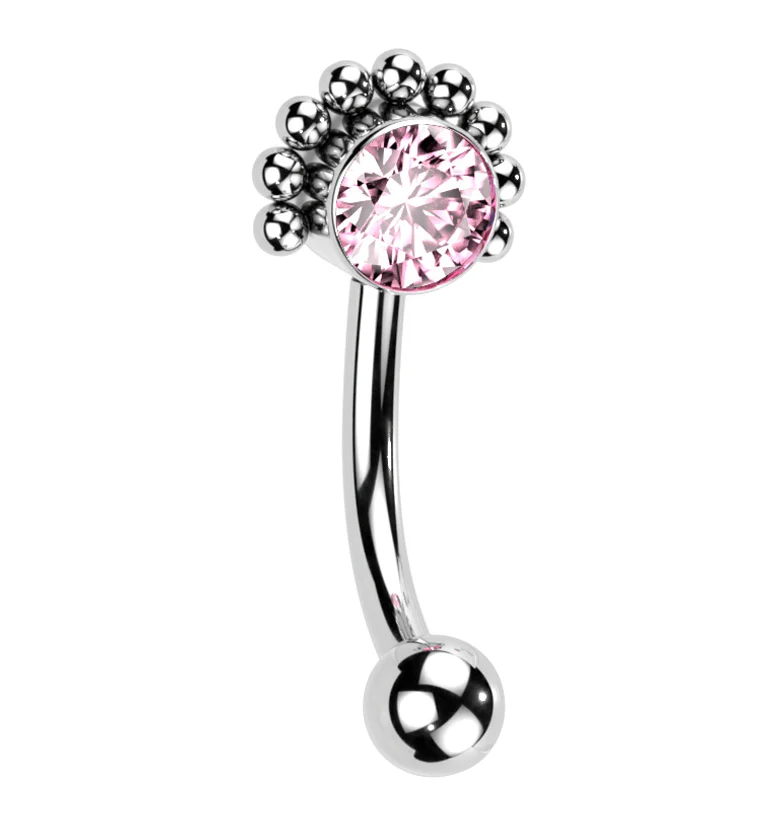 Beaded Pink CZ Titanium Threadless Curved Barbell - Mrs Treak