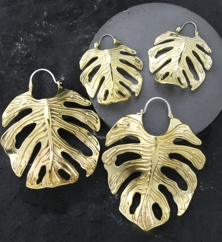 Monstera Variegata Leaf Brass Hangers / Earrings - Mrs Treak