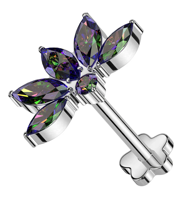 Lotus Flower Black Aurora CZ Threadless Titanium Flower Back Labret - Mrs Treak