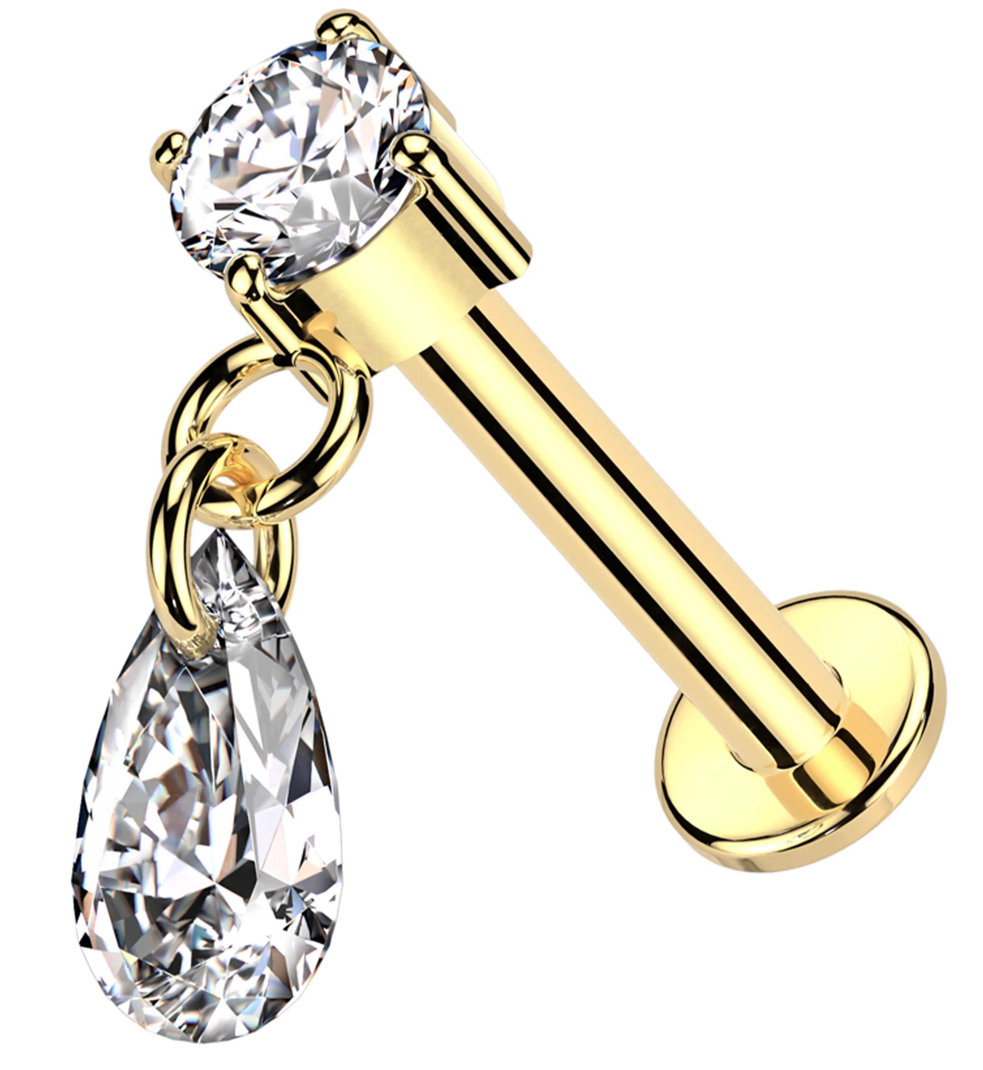 14kt Gold Teardrop Dangle Clear CZ Internally Threaded Labret - Mrs Treak