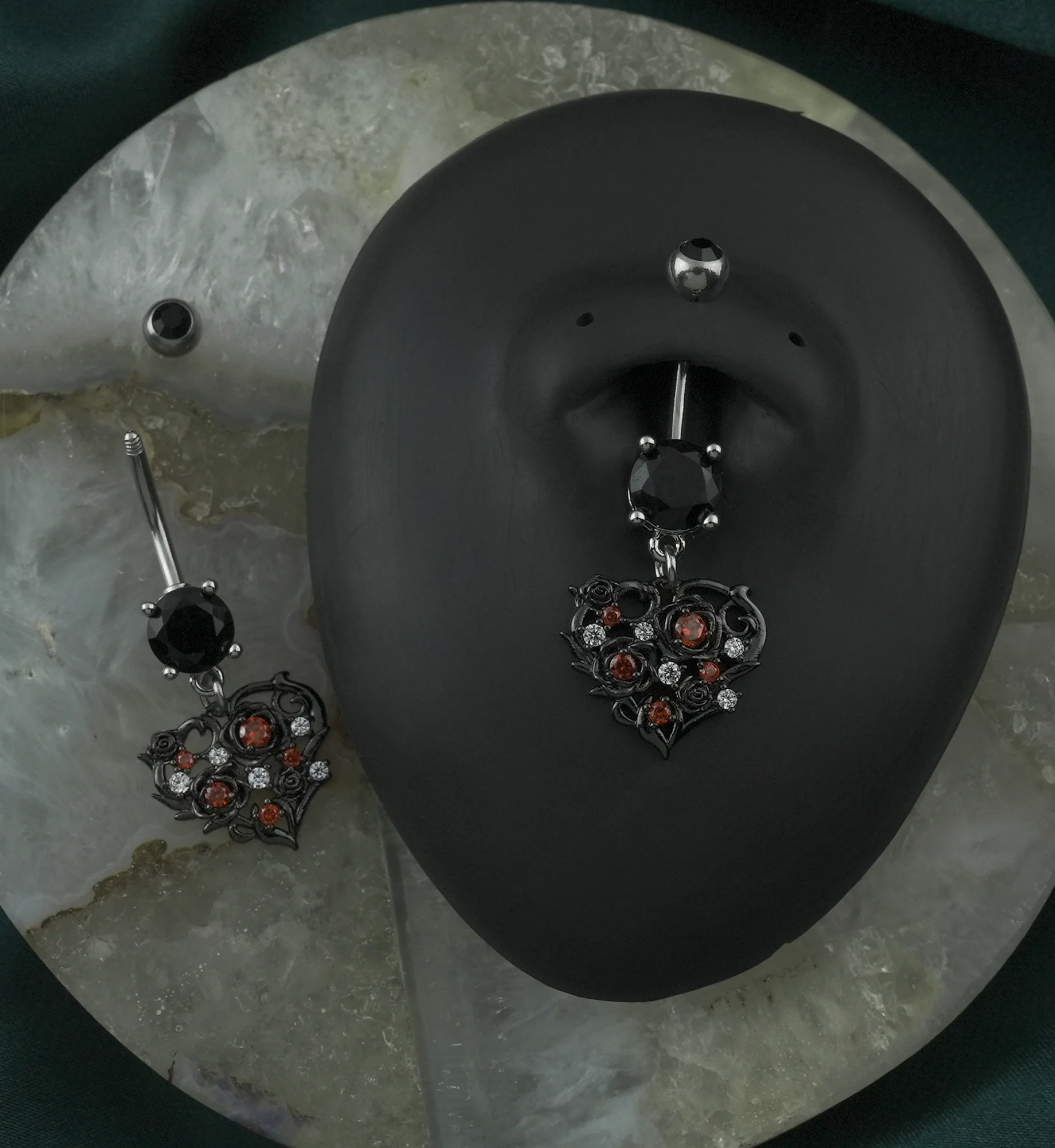 Filigree Dangle Heart Black CZ Stainless Steel Belly Button Ring - Mrs Treak