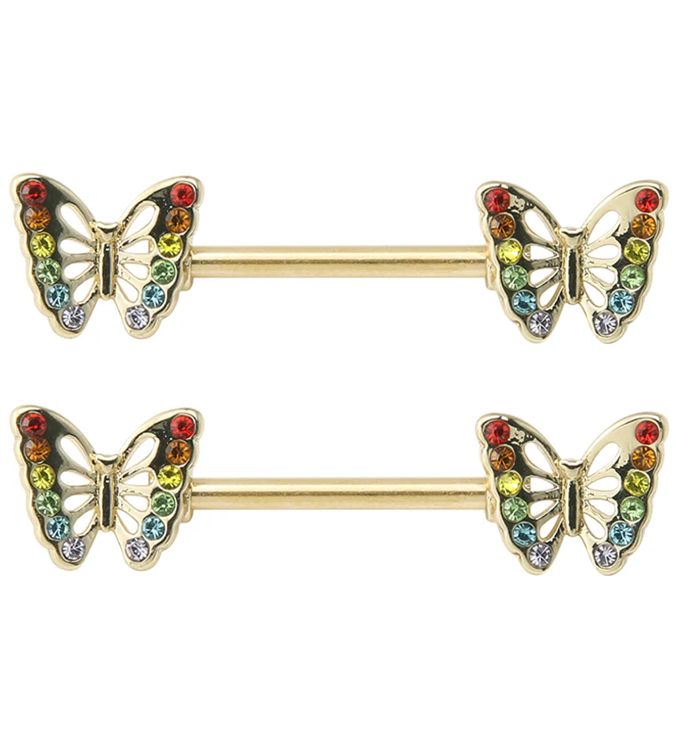 Gold PVD Rainbow Butterfly Stainless Steel Nipple Barbell - Mrs Treak