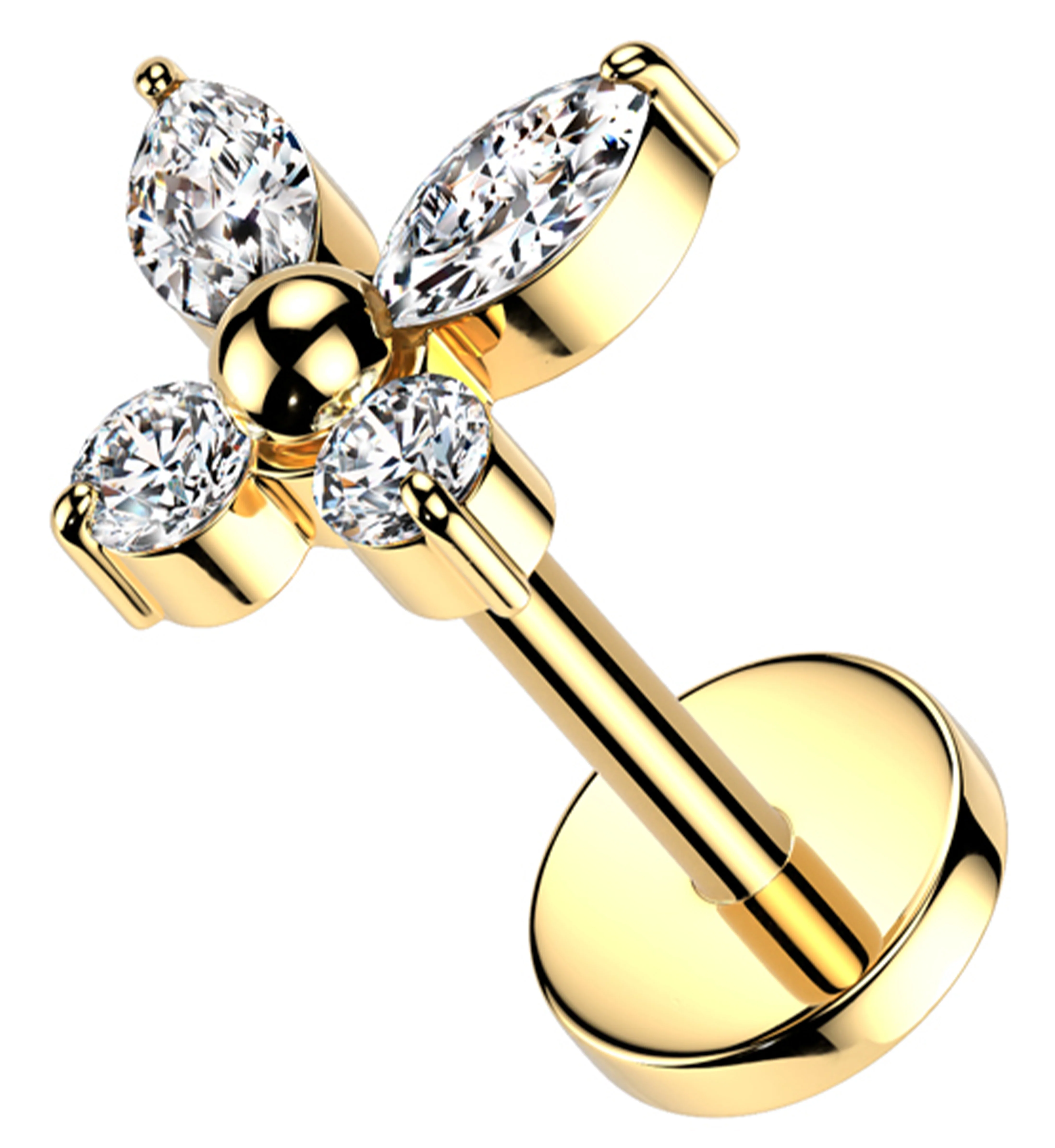 Gold PVD Butterfly Bead Clear CZ Titanium Threadless Labret - Mrs Treak