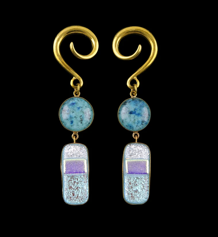 Aqua Double Dichroic Plane Glass Brass Ear Weights - Mrs Treak