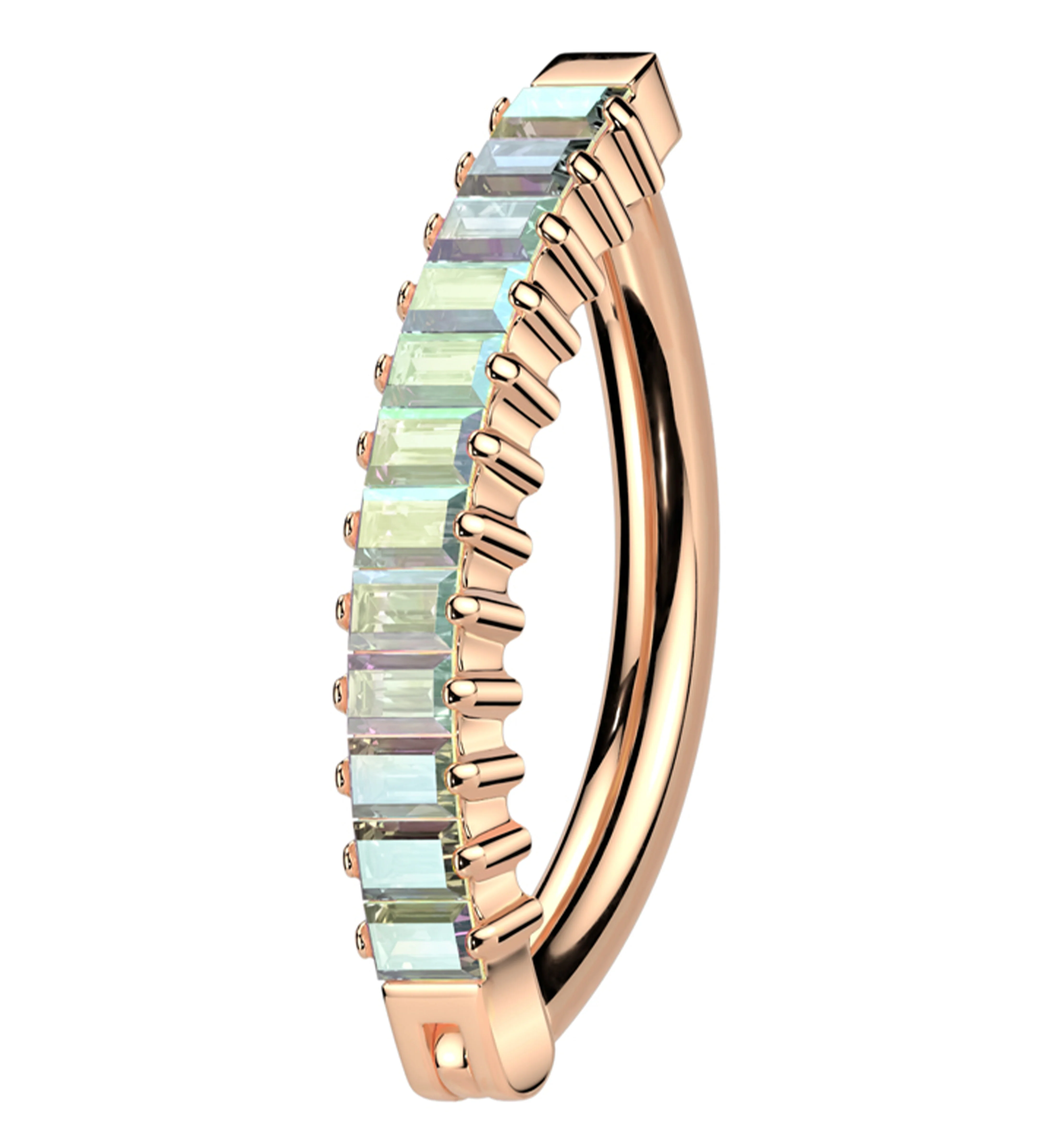 Rose Gold PVD Baguette Rainbow Aurora CZ Row Titanium Hinged Belly Button Ring - Mrs Treak