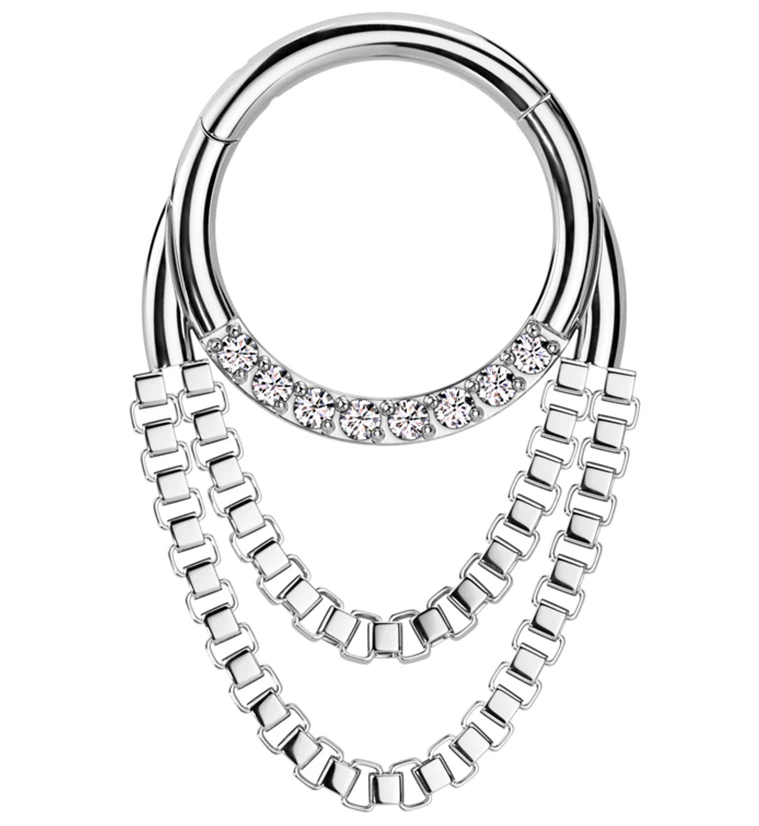 Clear CZ Double Dangle Chain Titanium Hinged Segment Ring - Mrs Treak