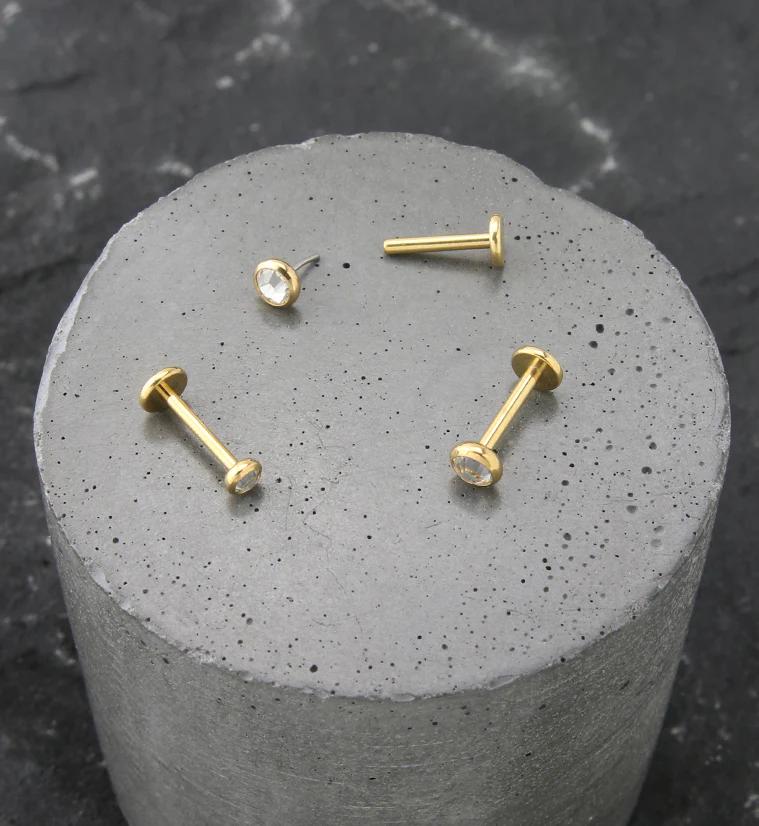 Gold PVD Flat Clear CZ Titanium Threadless Labret - Mrs Treak