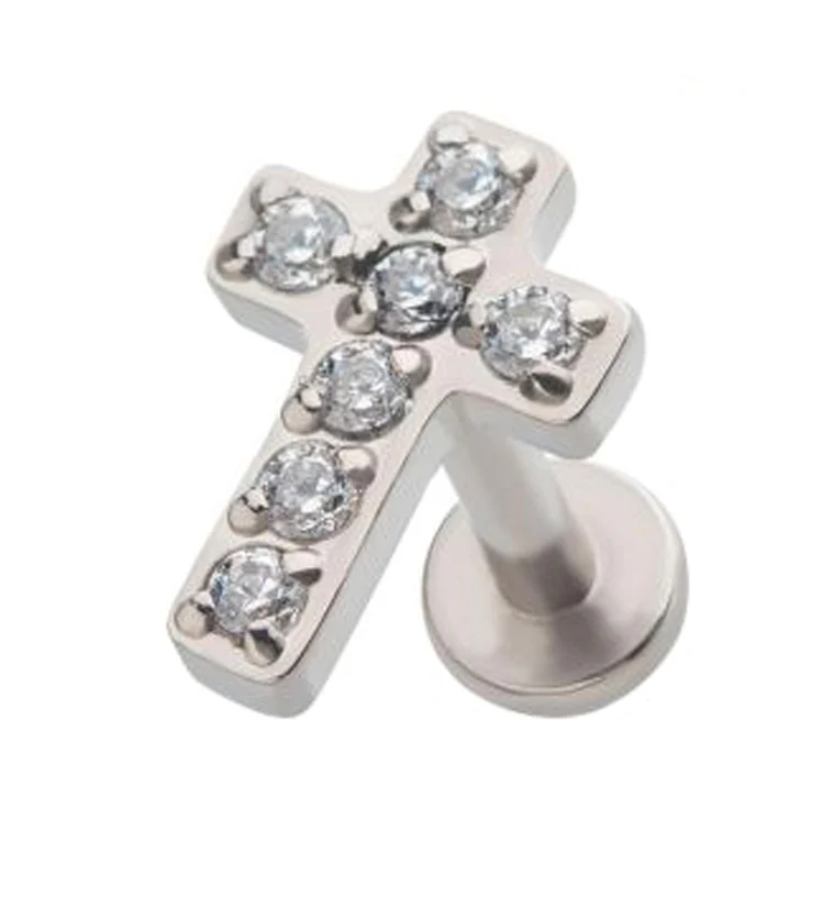 Cross Prong Set CZ Labret Post - Mrs Treak