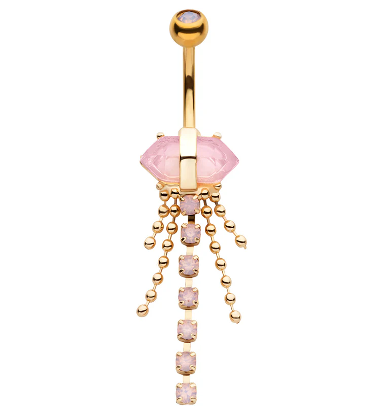 Gold PVD Pink Crystal Bead Chain Stainless Steel Belly Button Ring - Mrs Treak