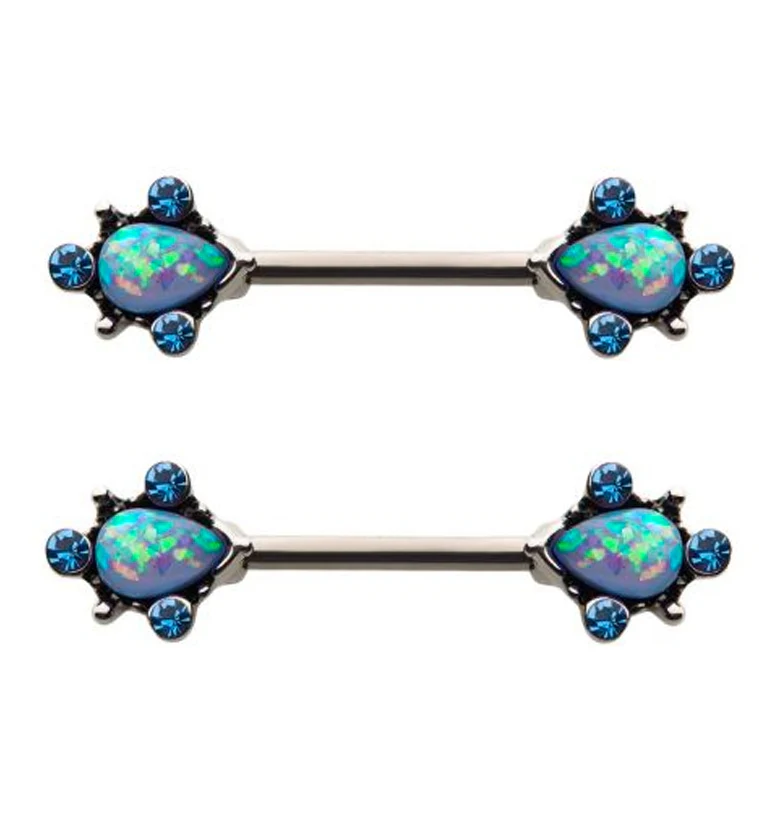 14G Aqua Opalite & CZ Filigree Nipple Rings Barbell - Mrs Treak