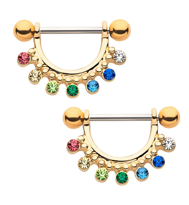 Gold PVD Rainbow CZ Beads Nipple Ring Barbell - Mrs Treak