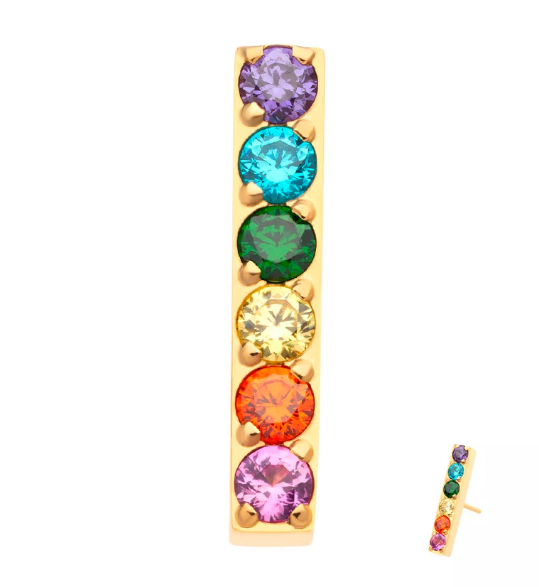 24kt Gold PVD Rainbow CZ Bar Threadless Titanium Top - Mrs Treak