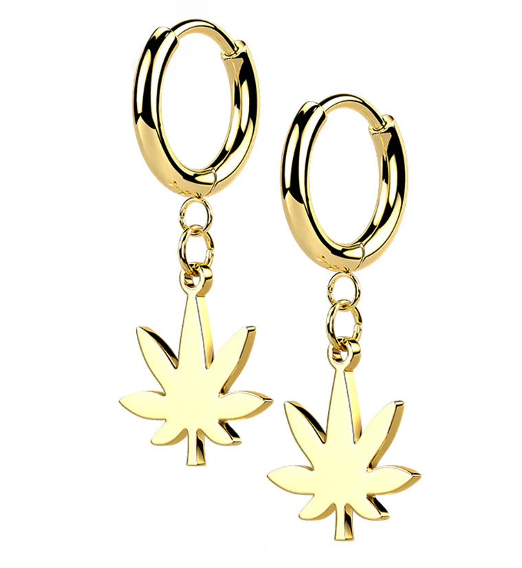 Gold PVD Cannabis Stainless Steel Hinged Earrings - Mrs Treak