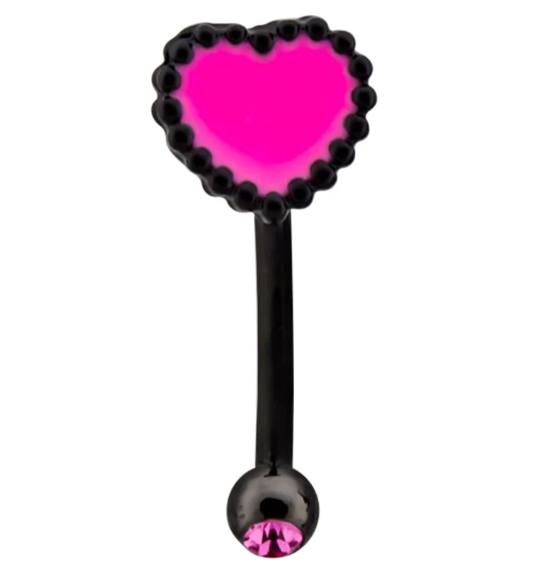 Black PVD Pink Beaded Heart Pink CZ Curved Barbell - Mrs Treak