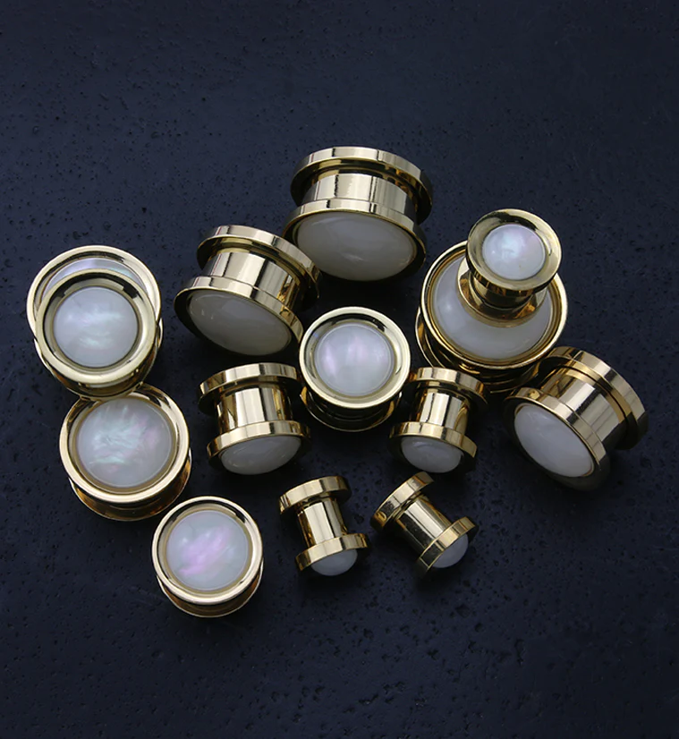 Gold PVD Stainless Steel White Mother of Pearl Plugs - Mrs Treak