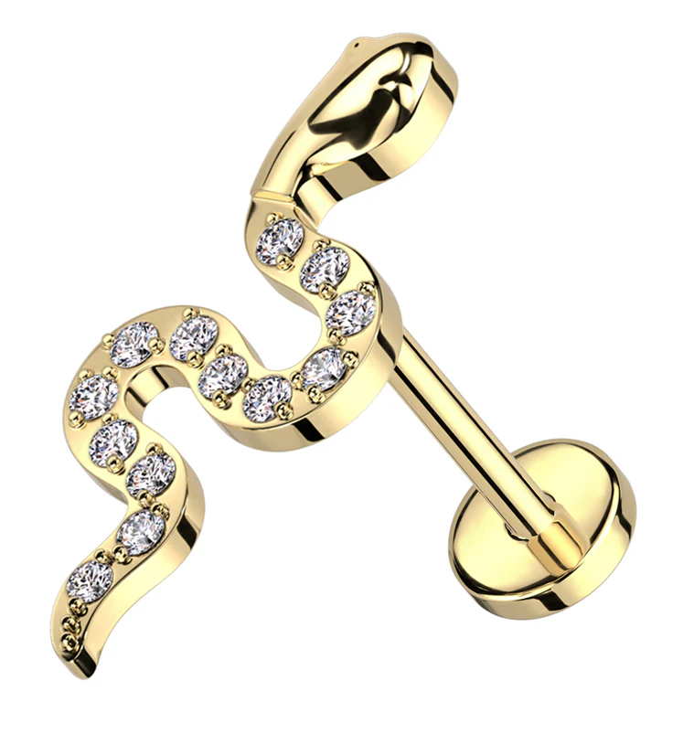 Gold PVD Snake Clear CZ Threadless Titanium Labret - Mrs Treak