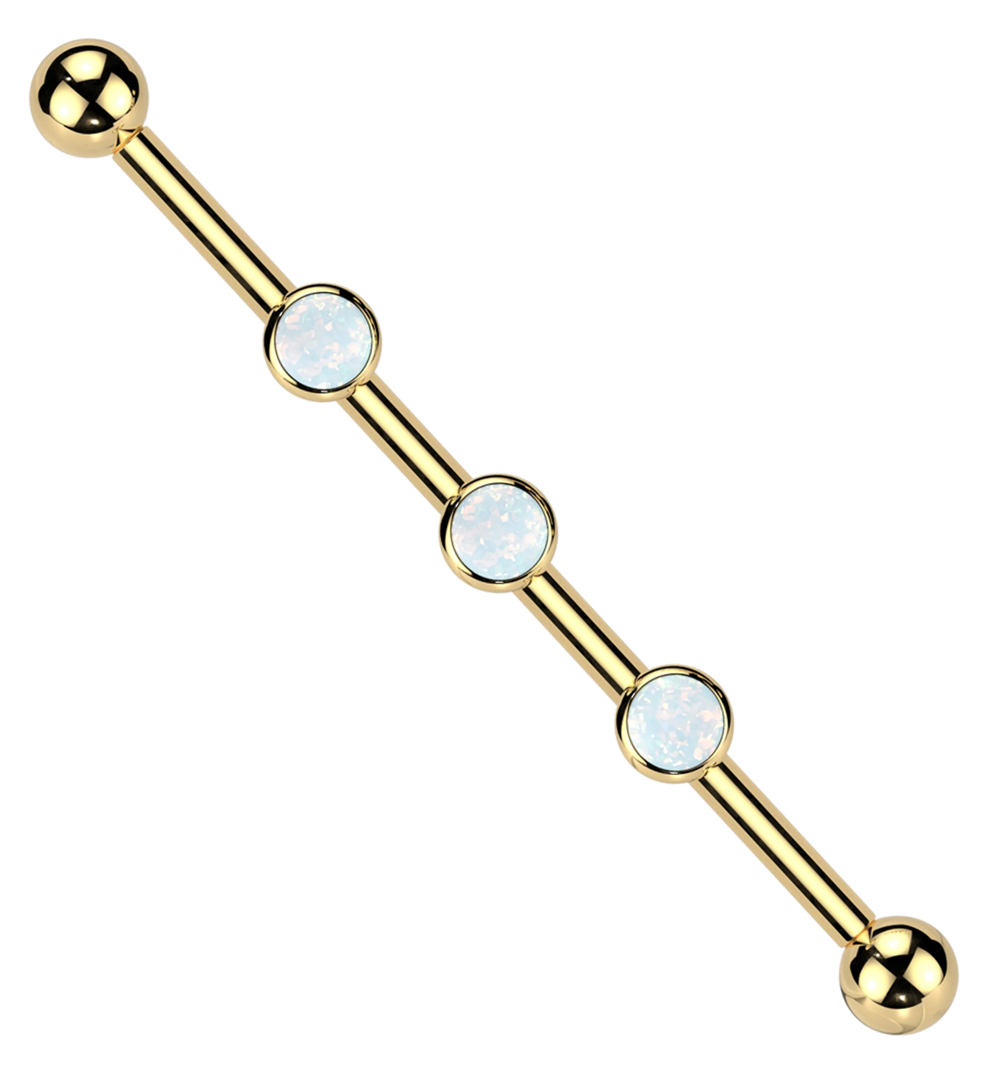 Gold PVD Triple White Opalite CZ Internally Threaded Titanium Industrial Barbell - Mrs Treak
