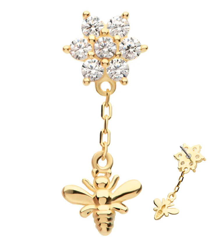 14kt Gold Flower CZ Dangle Bee Threadless Top - Mrs Treak