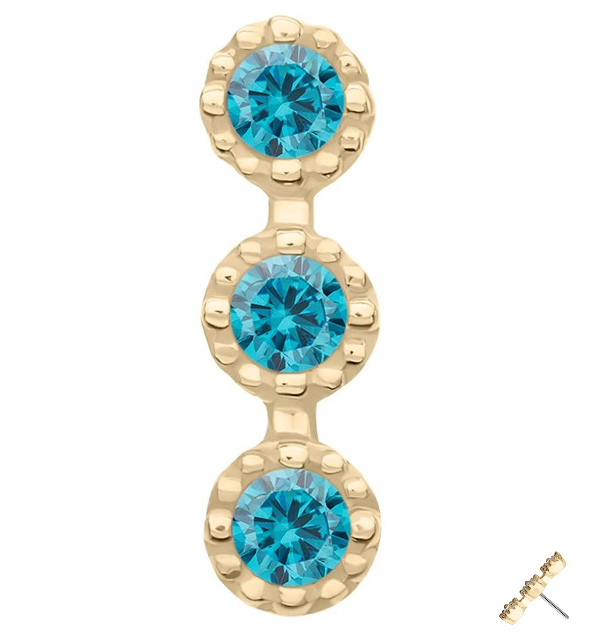 14kt Gold Triple Stacked Beaded Blue Topaz CZ Threadless Top - Mrs Treak
