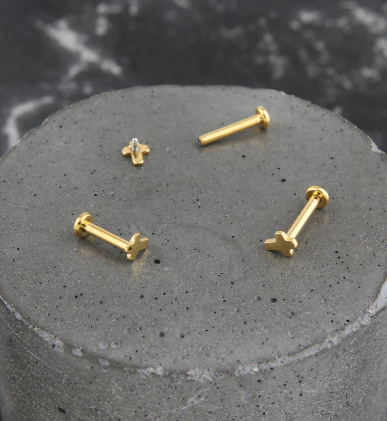 Gold PVD Cross Internally Threaded Titanium Labret - Mrs Treak