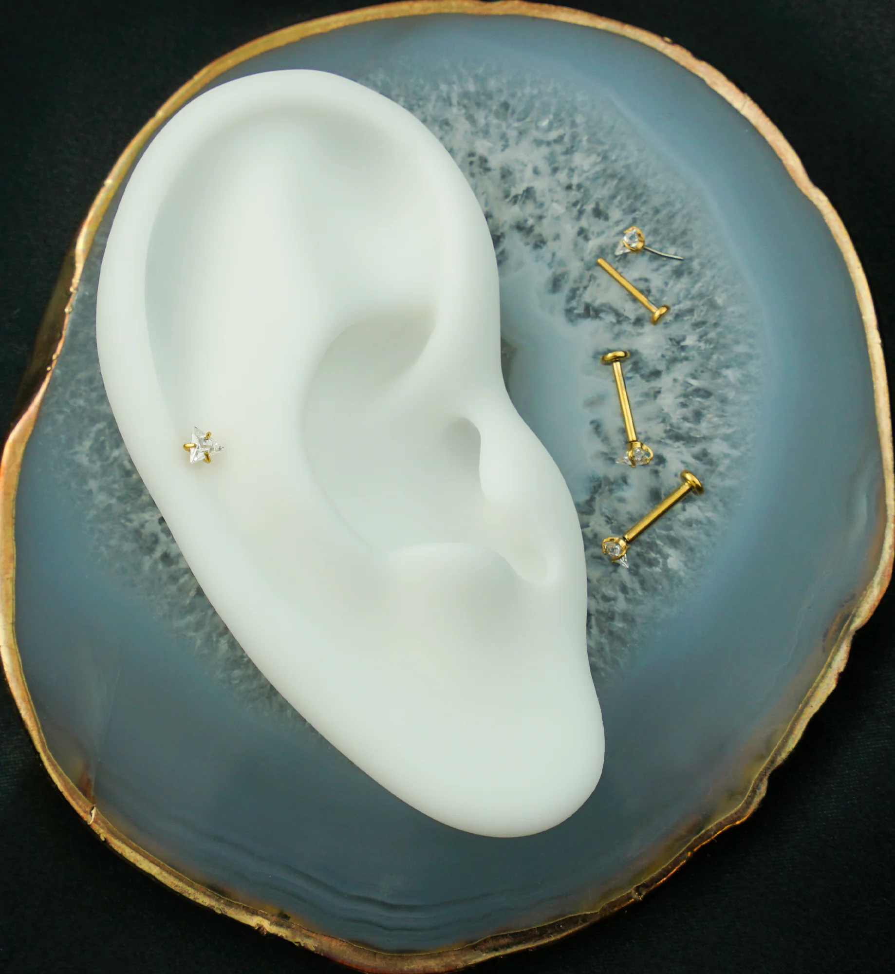 Gold PVD Triangle Prong Clear CZ Titanium Threadless Labret - Mrs Treak