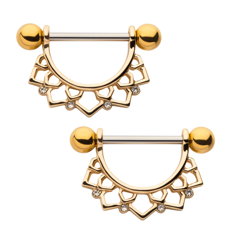 Gold PVD Lotus Flower Clear CZ Row Nipple Ring Barbell - Mrs Treak