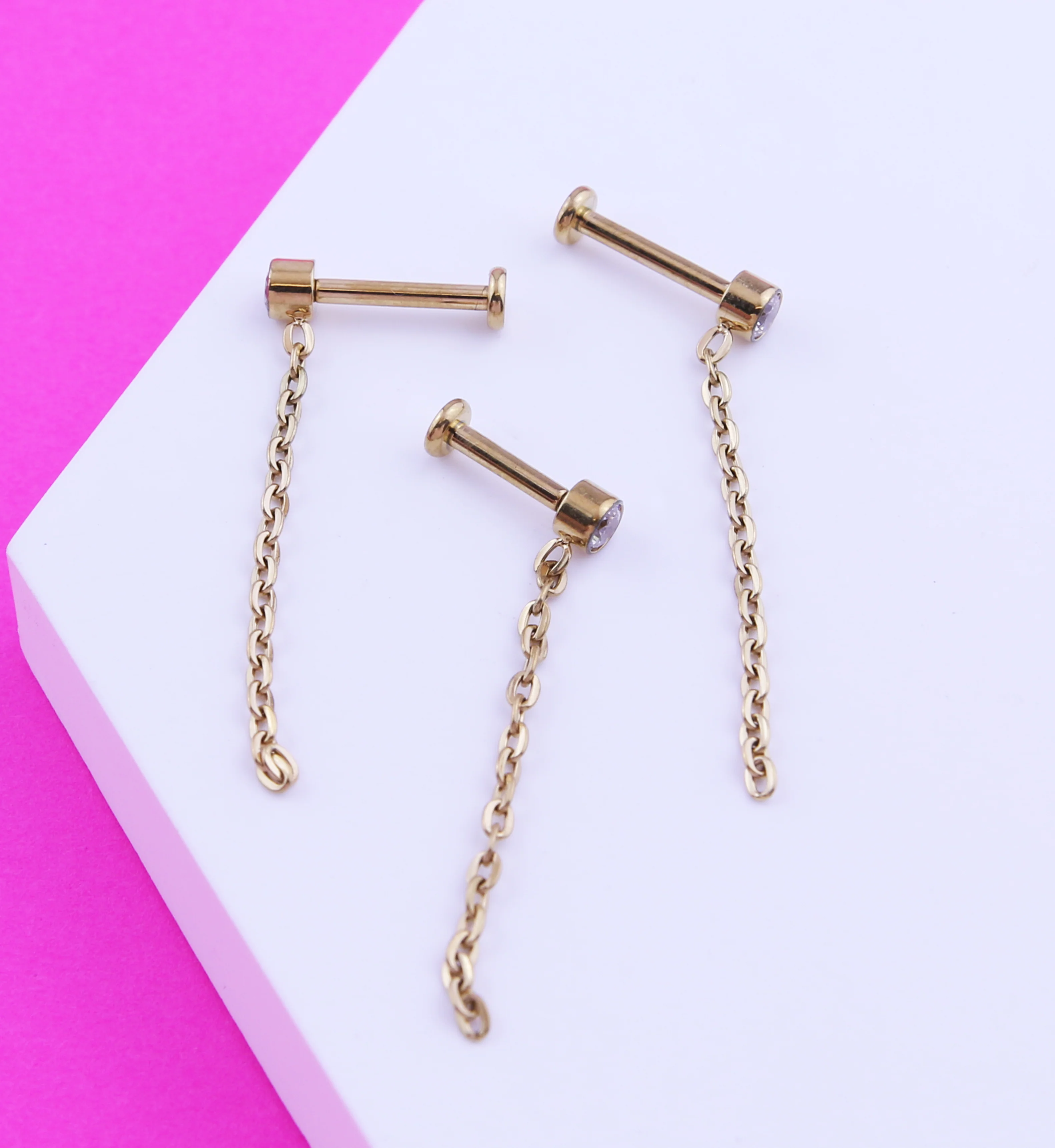 Gold PVD Single Dangle Chain Clear CZ Internally Threaded Titanium Labret - Mrs Treak