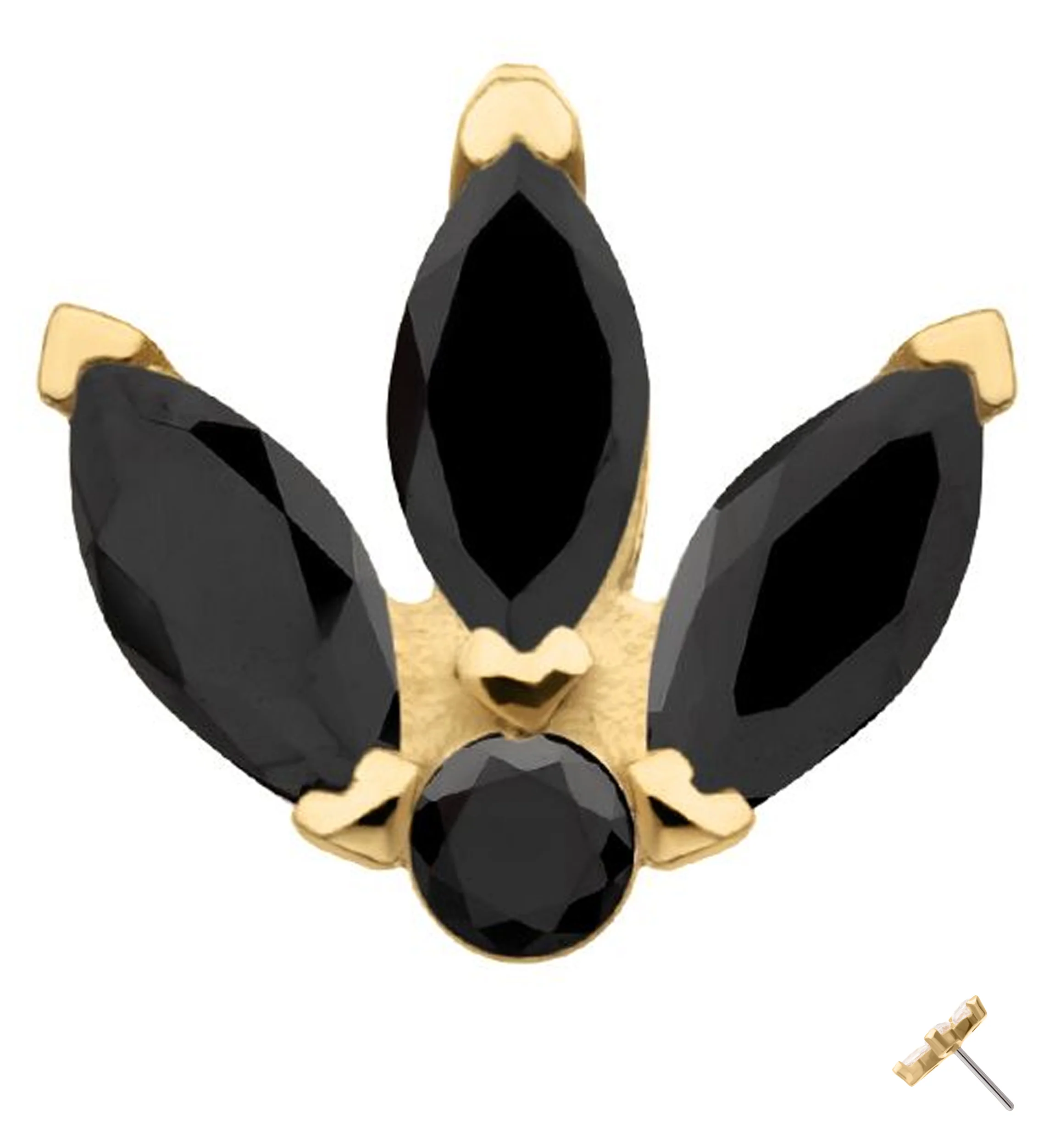 14kt Gold Tri Sepal Black CZ Threadless Top - Mrs Treak
