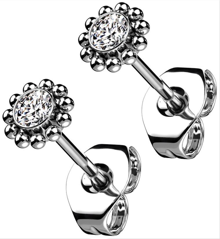 Beaded Clear CZ Titanium Threadless Earrings - Mrs Treak