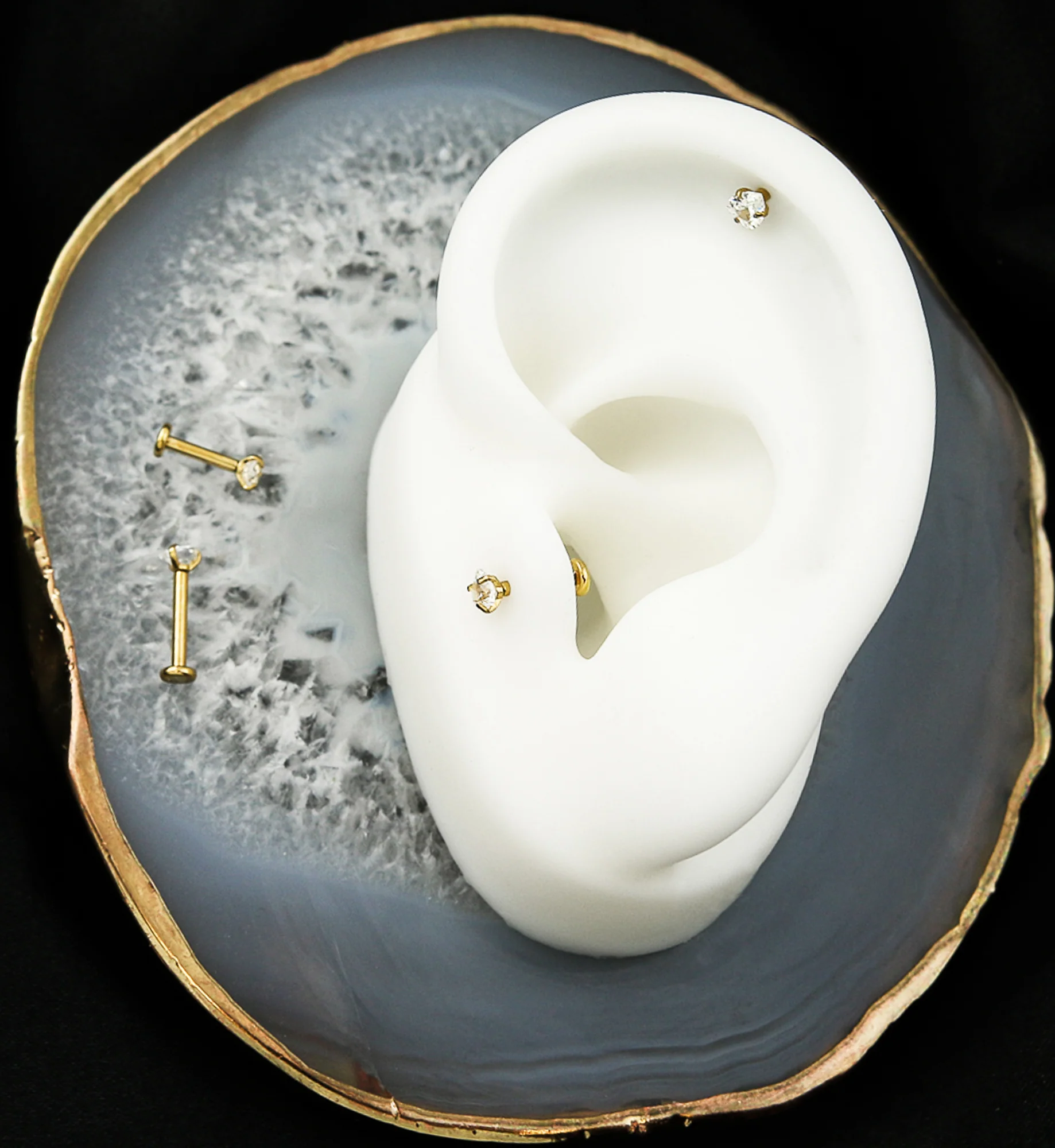 Gold PVD Heart Clear CZ Internally Threaded Titanium Labret Post - Mrs Treak