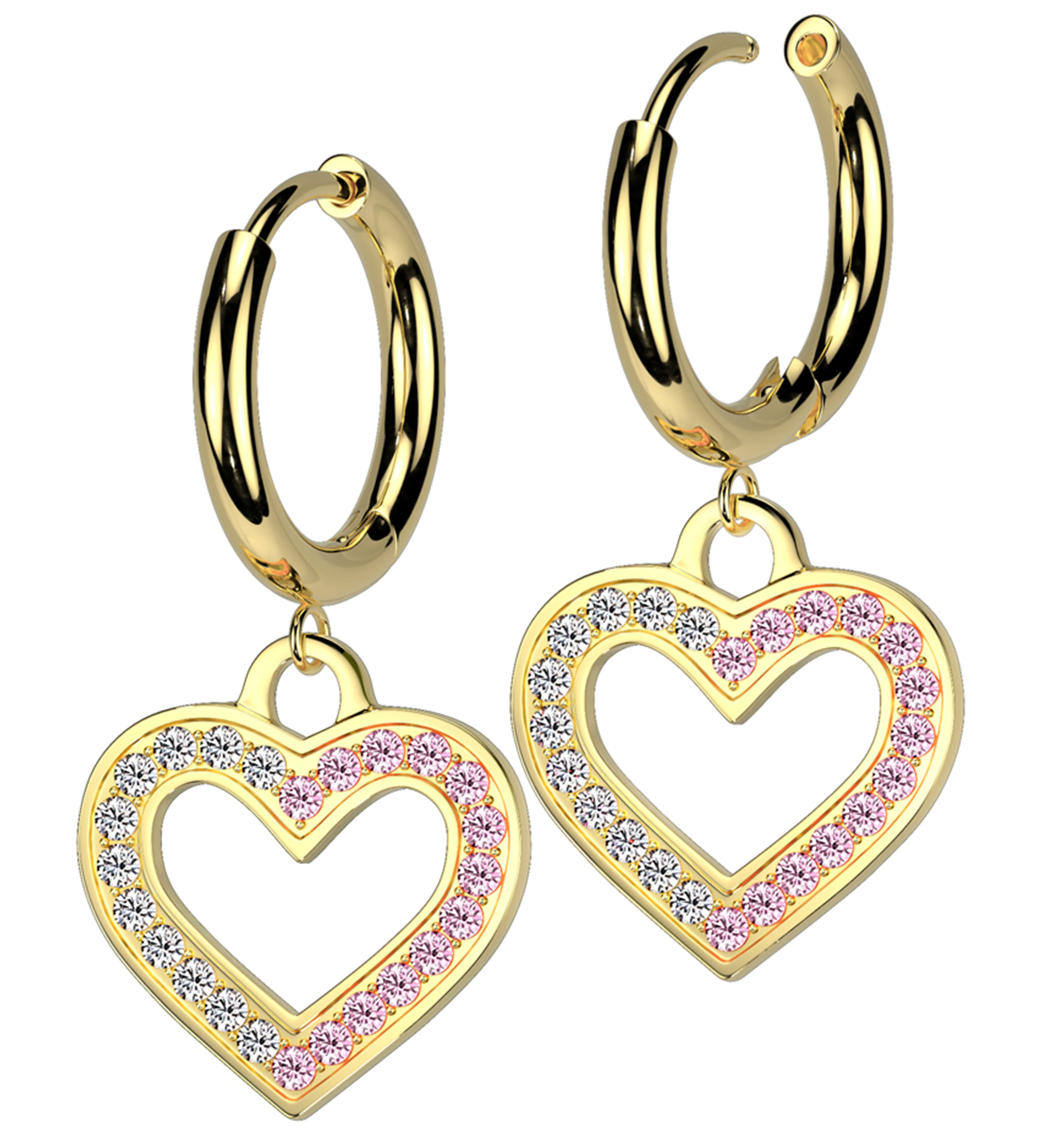 Gold PVD Heart Cutout Clear And Pink CZ Stainless Steel Hinged Earrings - Mrs Treak