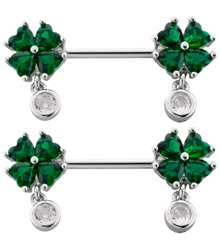 Lucky Clover Green CZ Dangle Stainless Steel Nipple Barbell - Mrs Treak